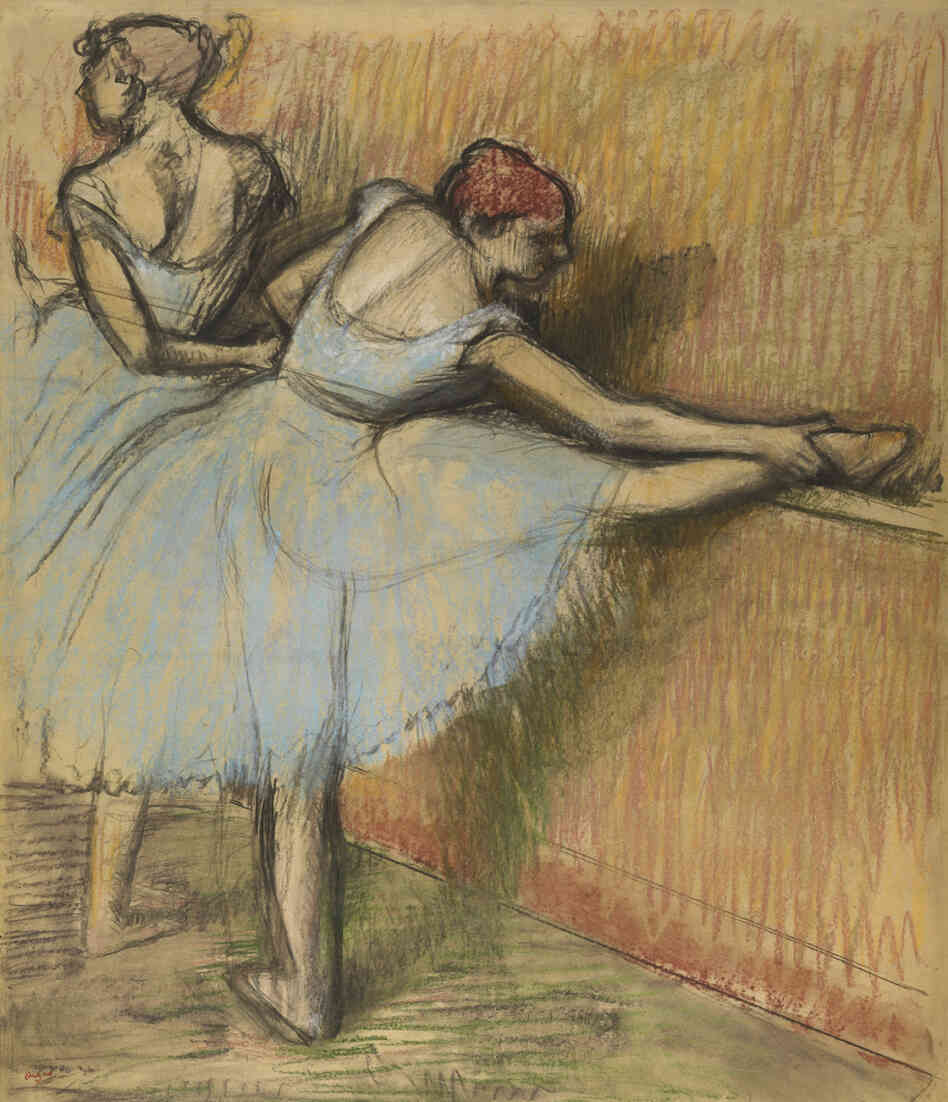 In a charcoal and pastel version of Dancers at the Barre, Degas tries out a variation on the dancers' head and leg positions.