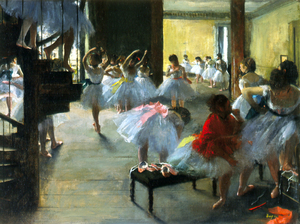 Vibrant colors help highlight the depth of field in Degas' 1873 oil on canvas, The Dance Class.
