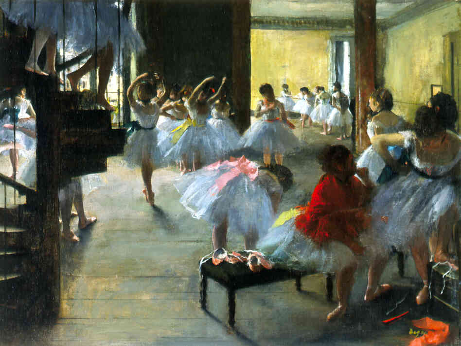 Vibrant colors help highlight the depth of field in Degas' 1873 oil on canvas, The Dance Class.