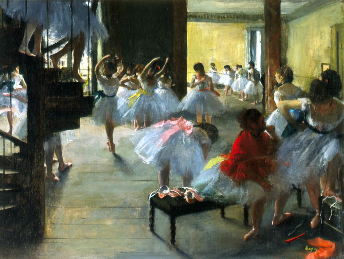 Vibrant colors help highlight the depth of field in Degas' 1873 oil on canvas, The Dance Class.