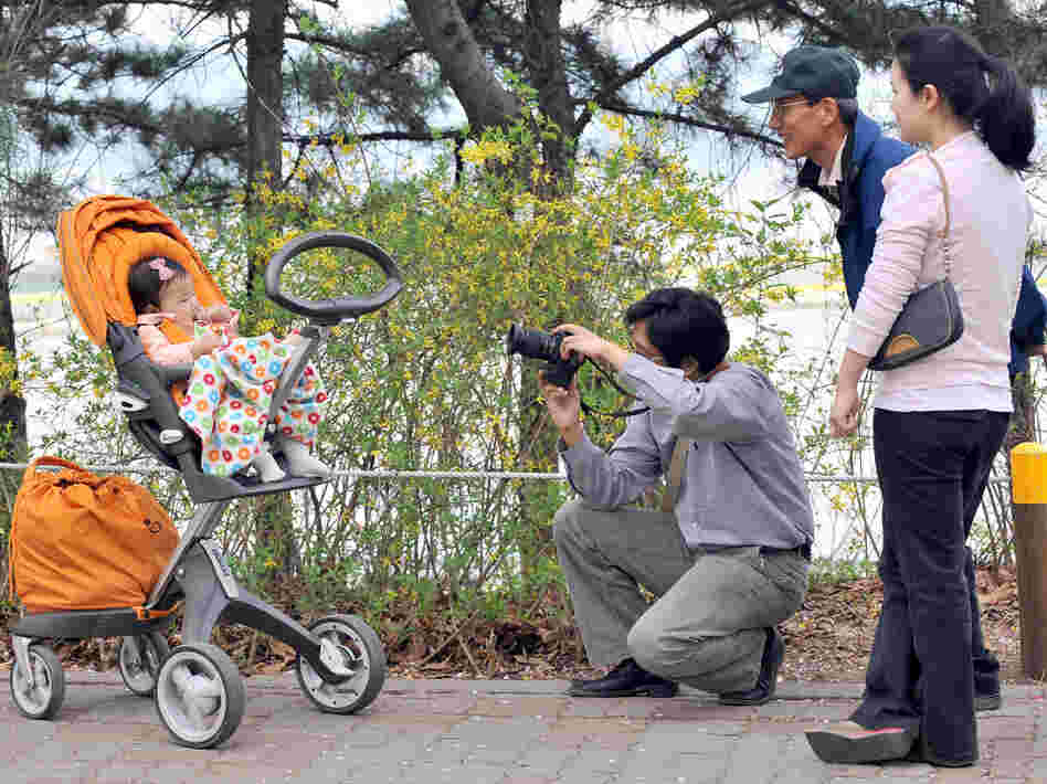 A South Korean man takes a photo of his baby during a picnic in Seoul, in 2009. After years of promoting family planning, South Korea is seeing unprecedented numbers of women staying single into their 30s — up from a handful a generation ago to 40 percent.