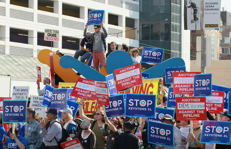 Protesters demonstrate last month against the construction of the Keystone XL oil pipeline outside the W Hotel in San Francisco, before the arrival of President Obama, who was holding a fundraiser.