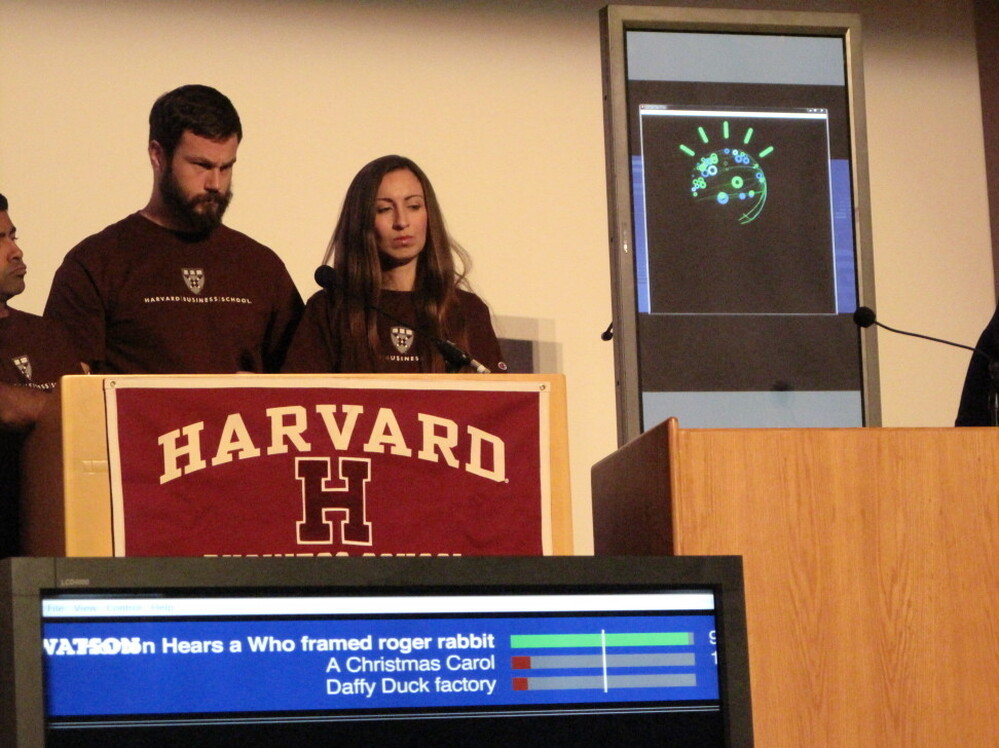 Harvard Business School's Jayanth Iyengar (far left), Jonas Peter Akins and Genevieve Sheenan held their own, but eventually lost to IBM's Watson in a game of Jeopardy at a conference on jobs and technology.