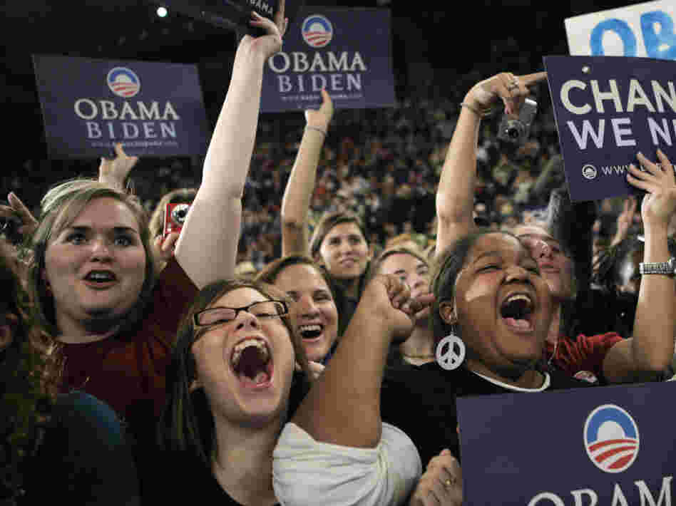 Millennials cheer for Democratic presidential candidate Barack Obama at a rally in Roanoke, Va., in 2008. Young voters are poised to play a key role in choosing the next president. 