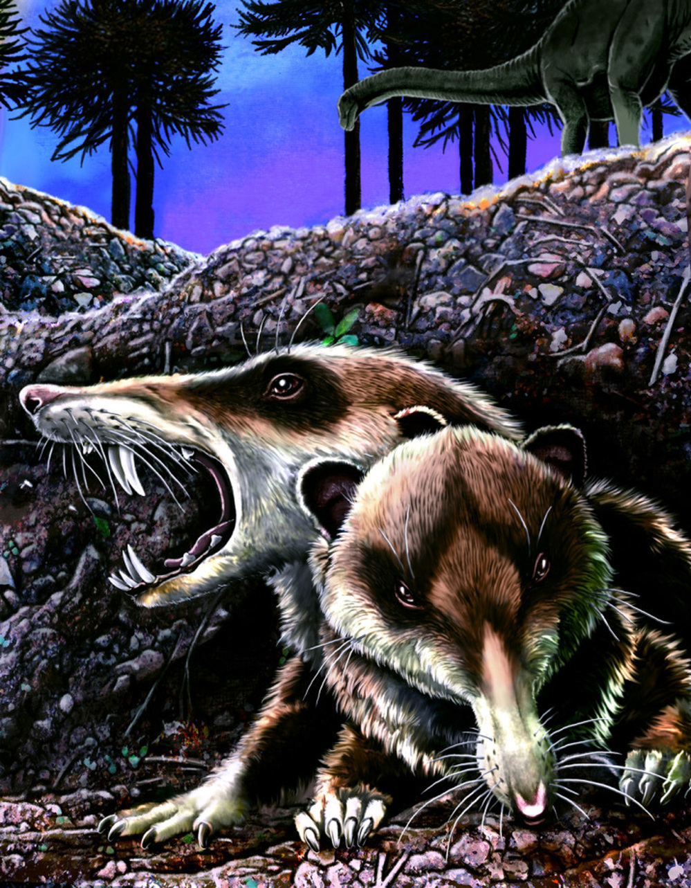 Reconstruction of Cronopio dentiacutus in its native environment at La Buitrera locality, Patagonia, Argentina, during the early Late Cretaceous (approximately 94 Million years ago).