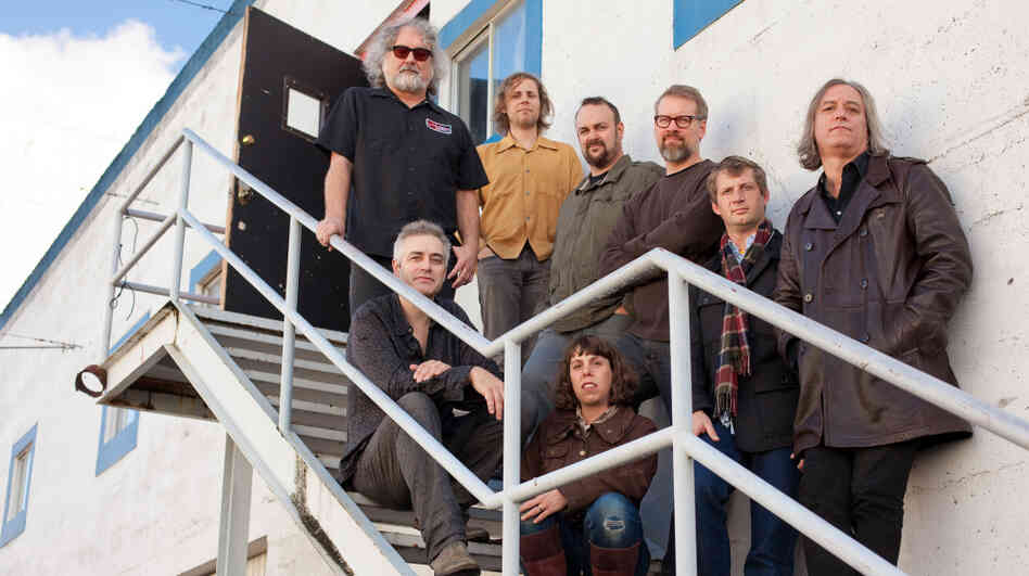 John Wesley Harding (bottom left) and the touring company for The Sound of His Own Voice, featuring members of The Decemberists, R.E.M., and The Minus 5.