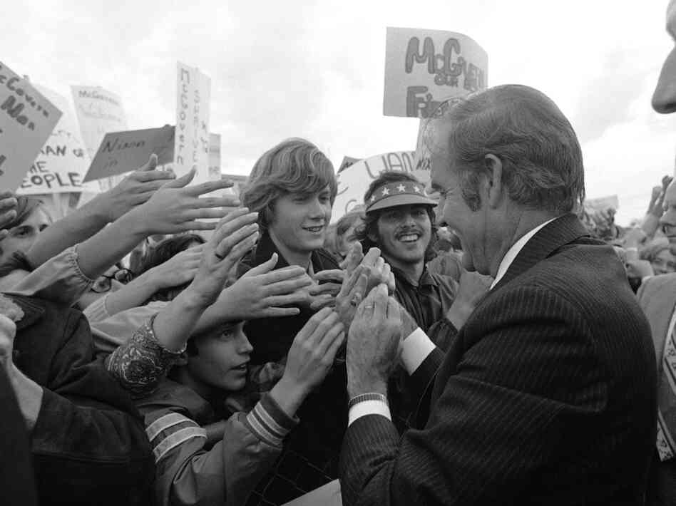 Democratic presidential candidate George McGovern greets young admirers in his home state at an airport rally in Sioux Falls, S.D., in 1972. Many baby boomers voted for McGovern in their first election, against Republican candidate Richard Nixon. In 2008, boomers narrowly backed President Barack Obama, but they swung over to Republicans in 2010.
