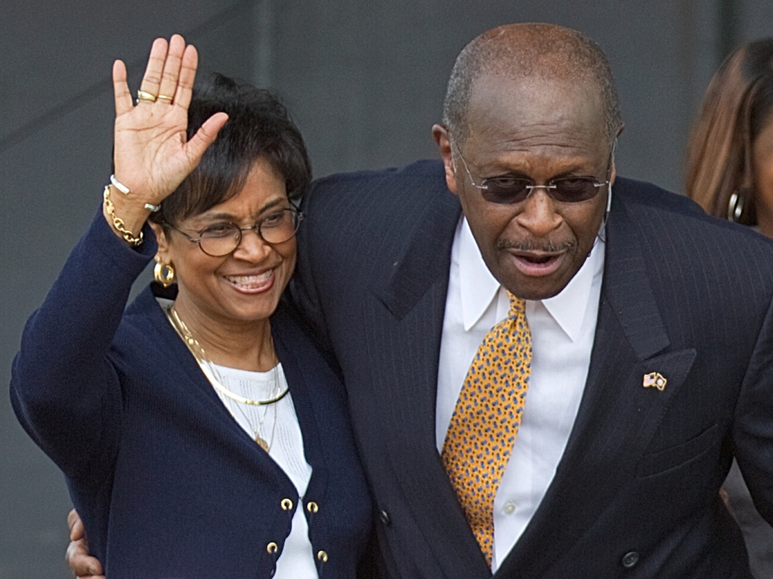 Gloria Cain, left, accompanies her husband Herman Cain as he announces his run as a Republican candidate for president in Atlanta on May 21. 