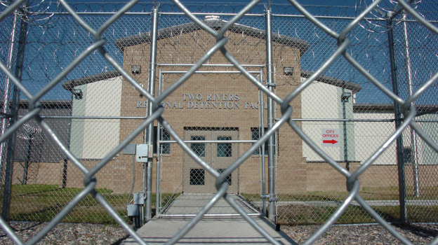 The entrance to the Two Rivers Regional Detention Facility in Hardin, Mont. The 464-bed detention facility was built with the promise of bringing jobs and stimulating the economy, but it has sat empty since it was completed in 2007.