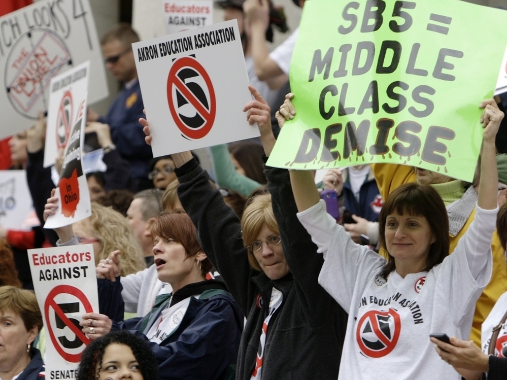Protesters against Senate Bill 5 gathered at the Ohio Statehouse in April. 
