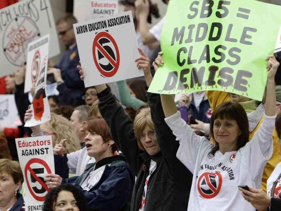 Protesters against Senate Bill 5 gathered at the Ohio Statehouse in April. 