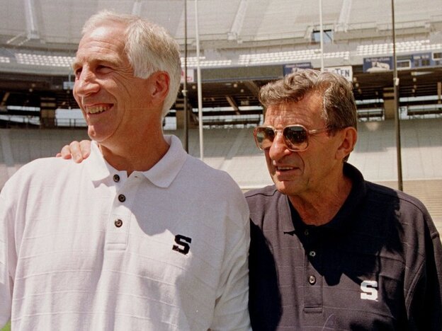 Aug. 6, 1999: Penn State head football coach Joe Paterno, right, with his then-defensive coordinator Jerry Sandusky.