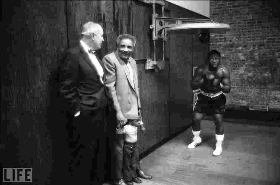 A photo of Frazier working out on the speed bag shows his trademark fighting style: Crouching, weaving, aggressive, relentless.