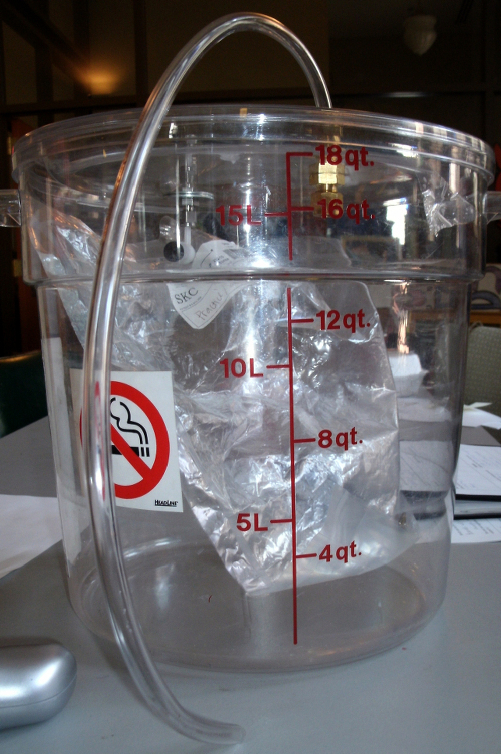 Using a bucket, a hose and pump, and a plastic bag, air samples are collected. The finished contraption can test for more than 70 gases and 20 sulfur compounds. The sample can then be sent to a state or independent laboratory for evaluation.