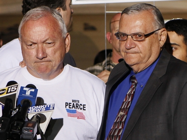 Recalled Arizona State Sen. Russell Pearce with Maricopa County Sheriff Joe Arpaio, in Mesa, AZ, Tuesday, Nov. 8, 2011. 