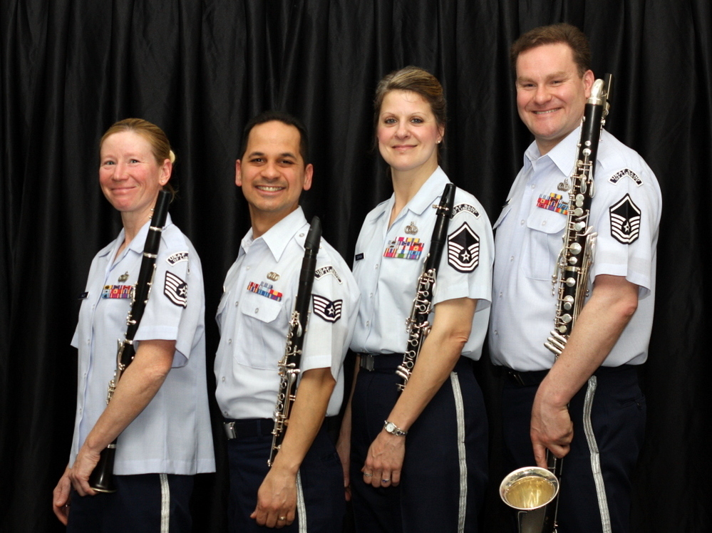 The Bay State Winds feature, from left to right, TSgt. Christy Bailes, SSgt. Matthew Ayala, MSgt. Jennifer Dashnaw and MSgt. Kevin Connors