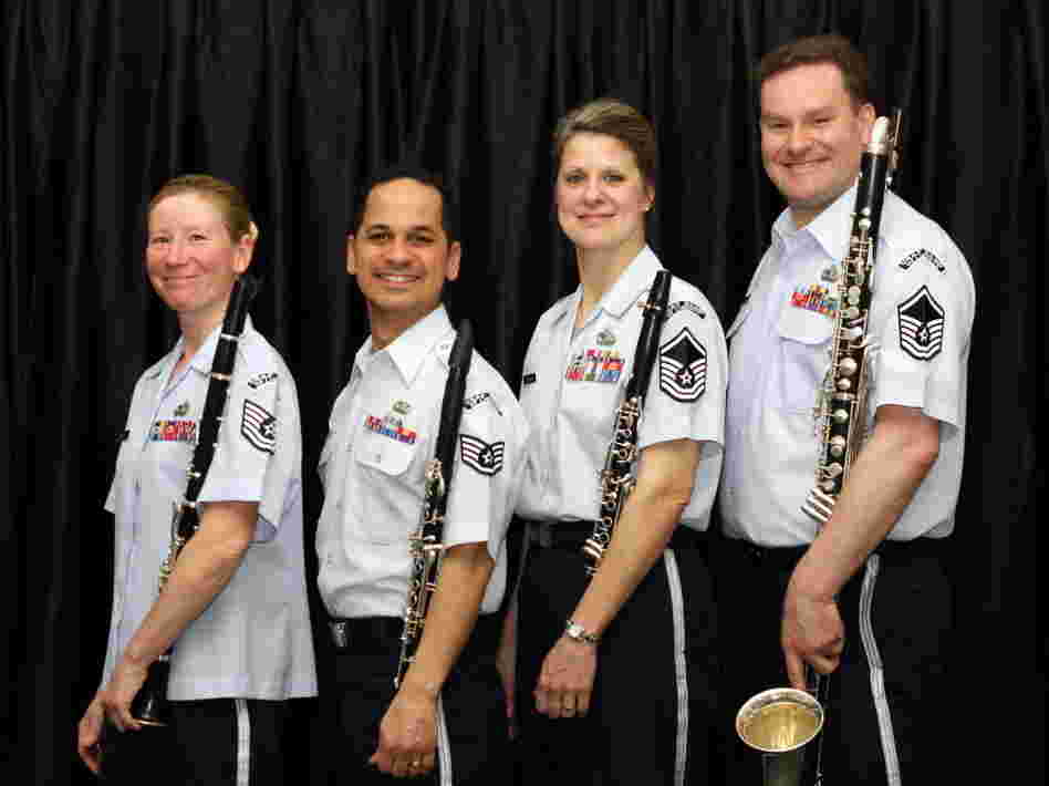 The Bay State Winds feature, from left to right, TSgt. Christy Bailes, SSgt. Matthew Ayala, MSgt. Jennifer Dashnaw and MSgt. Kevin Connors