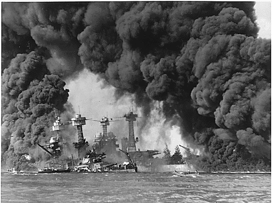 Battleships USS West Virginia and USS Tennessee after the Japanese attack on Pearl Harbor, Hawaii, on Dec. 7, 1941.The attack initiated U.S. participation in World War II. 