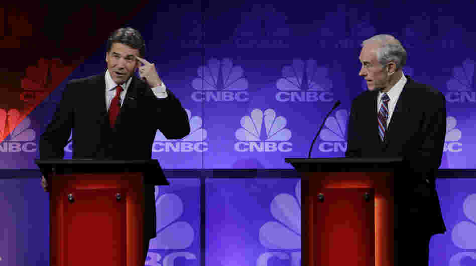 Texas Gov. Rick Perry stumbled during Wednesday night's Republican presidential candidate in Auburn Hills, Mich., at one point seeking help from Rep. Ron Paul, (R-TX).