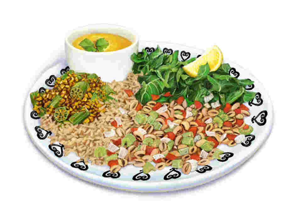 An illustration of a healthful meal drawing from the African Heritage Diet Pyramid and African culinary traditions.