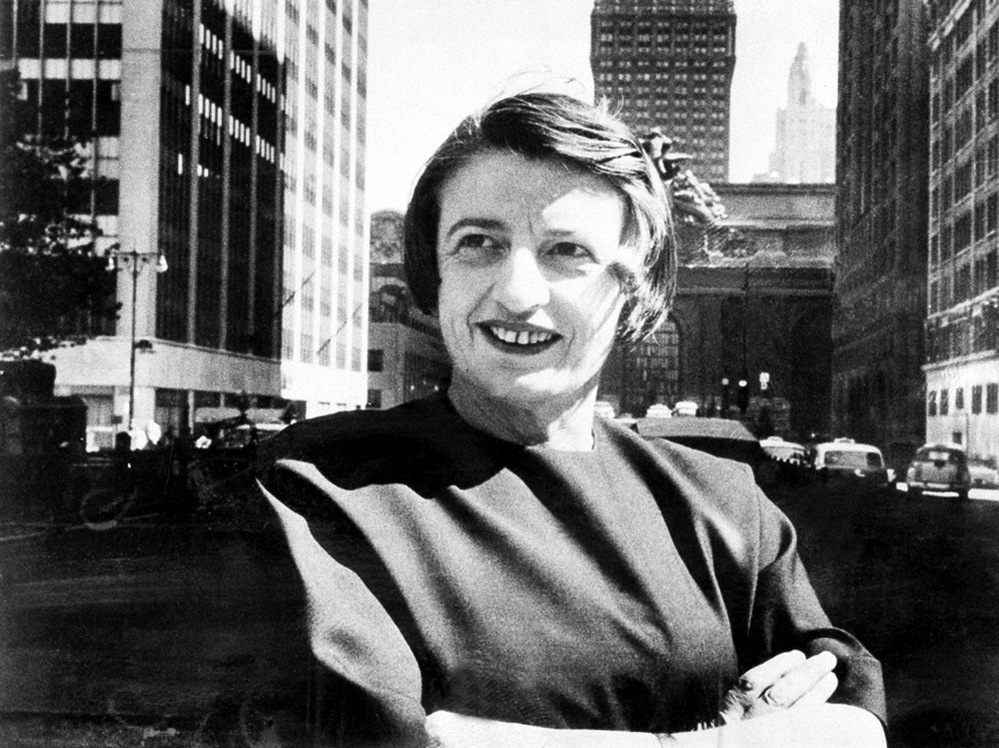 Ayn Rand, the Russian-born American novelist, is shown in Manhattan with the Grand Central Terminal building in the background in 1962.