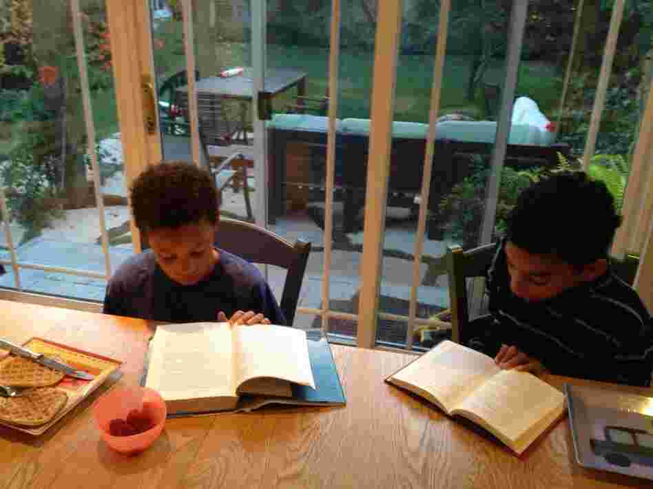 Brothers Adin (left) and Julian H., who live in the Westchester district of Los Angeles, read The Phantom Tollbooth over breakfast.