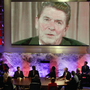 The eight Republican presidential candidates sitting at the table listen as a video of former President Ronald Reagan is played during a debate at Dartmouth College in Hanover, N.H., on Oct. 11. 