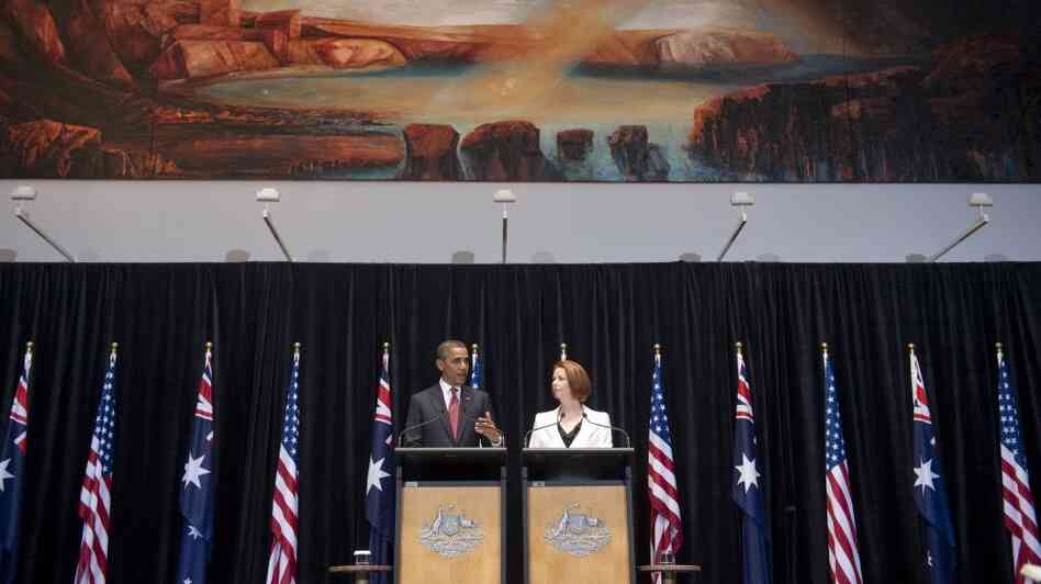 Australian Prime Minister Julia Gillard and President Obama hold a joint news conference in Australia on Wednesday. The U.S. is sending some 250 U.S. Marines to the country next year, a number that will later grow to 2,500. Australian Prime Minister Julia Gillard and President Obama hold a joint news conference in Australia on Wednesday. The U.S. is sending some 250 U.S. Marines to the country next year, a number that will later grow to 2,500.