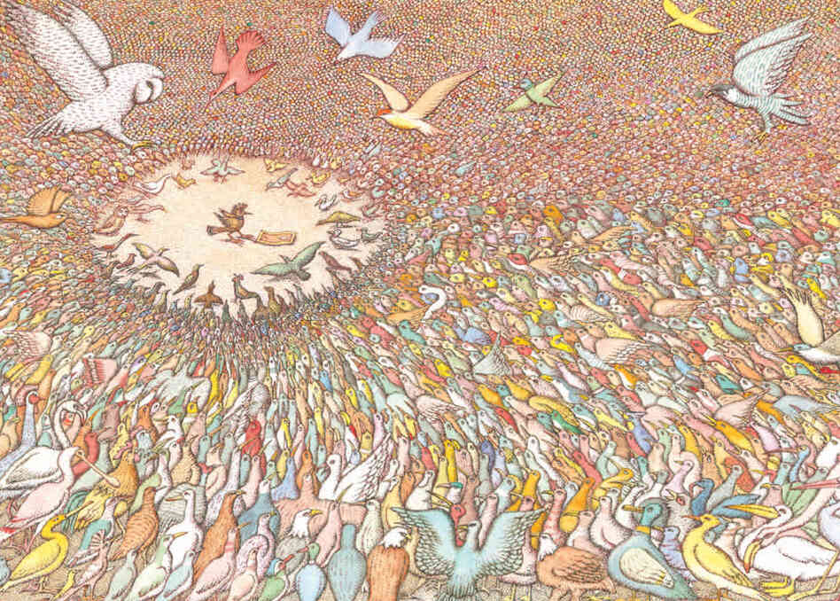 A Feathered Gathering: All the birds of the world gather to hear the hoopoe bird speak in author and illustrator Peter Sis' The Conference of the Birds. Sis painstakingly painted thousands of birds by hand in to bring his new book to life. Click Here For A Closer Look A Feathered Gathering: All the birds of the world gather to hear the hoopoe bird speak in author and illustrator Peter Sis' The Conference of the Birds. Sis painstakingly painted thousands of birds by hand in to bring his new book to life. Click Here For A Closer Look