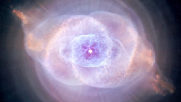 Traveling through space, we encounter a spiral galaxy and Hubble's orbiting guitar wizardry.