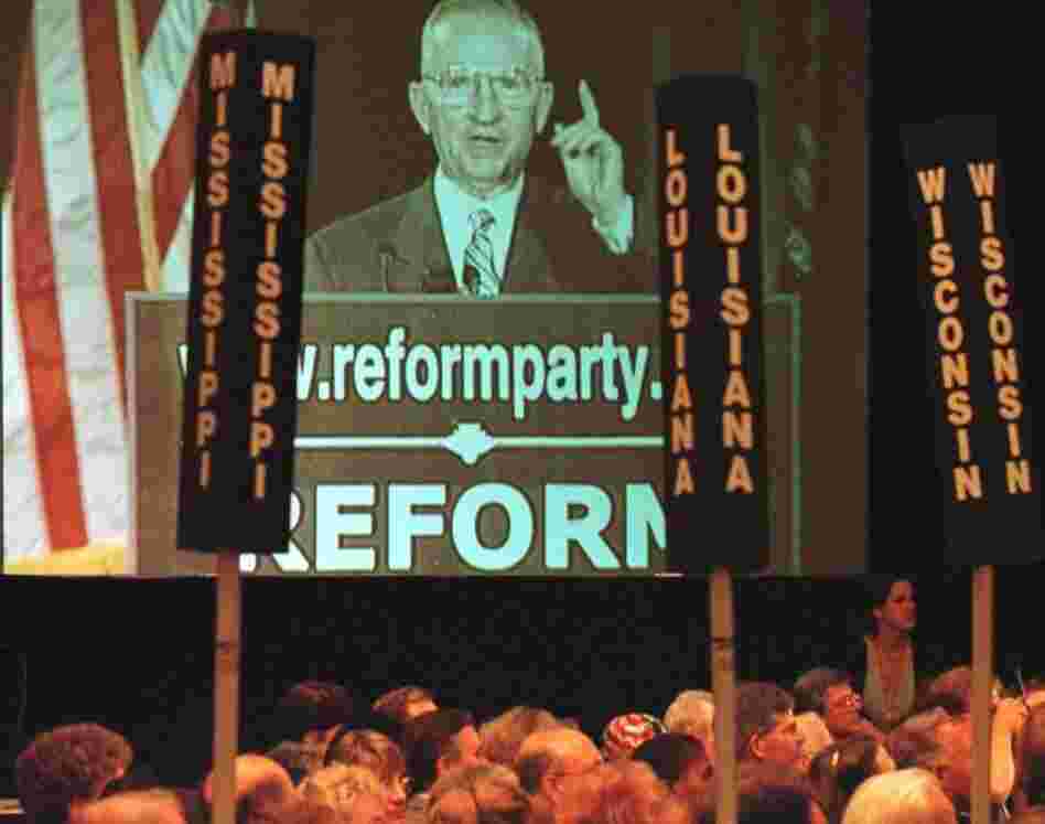Ross Perot, shown on a video screen, addresses the Reform Party's national convention in July 1999 in Dearborn, Mich. The billionaire founder of the Reform Party, Perot ran for president as a third-party candidate in both 1992 and 1996. 