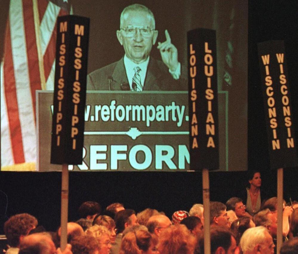 Ross Perot, shown on a video screen, addresses the Reform Party's national convention in July 1999 in Dearborn, Mich. The billionaire founder of the Reform Party, Perot ran for president as a third-party candidate in both 1992 and 1996. 