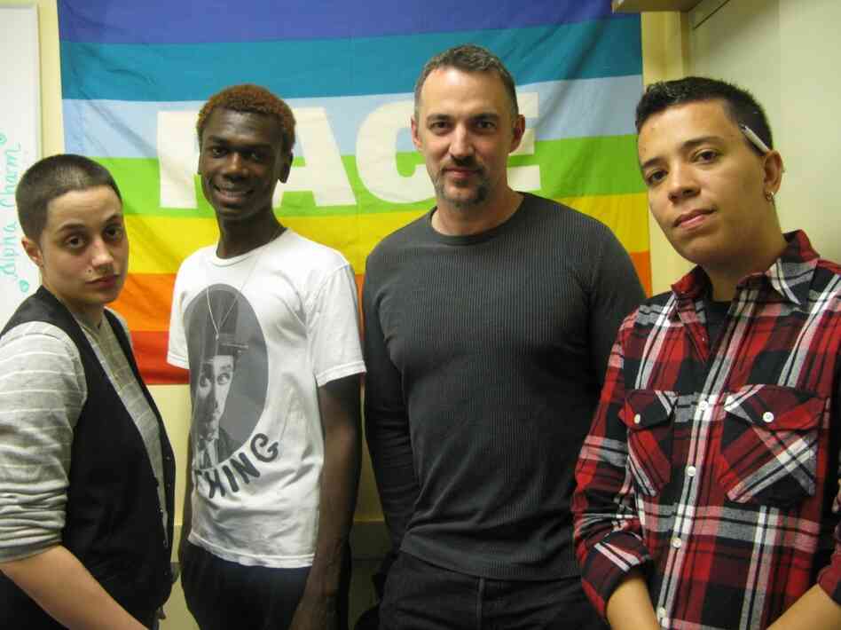 Tiffany Cocco (left to right), Jeremiah Beaverly, Carl Siciliano and Avi Bowie hang out at the Ali Forney Center in Manhattan.  