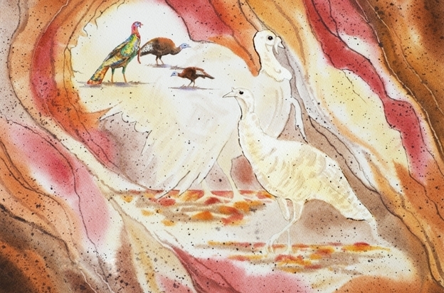 A watercolor painting of a turkey.