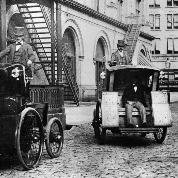 Morris and Salom Electrobats are seen in front of the Old Metropolitan Opera House on 39th Street in the Manhattan borough of New York, 1898. 