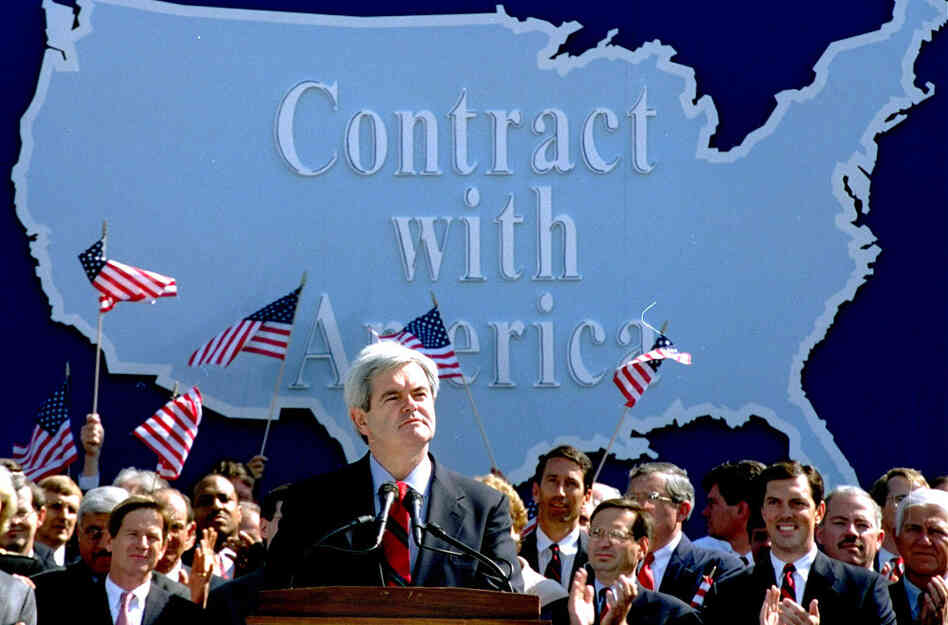 In September 1994, then-House Minority Whip Newt Gingrich addressed Republican congressional candidates on Capitol Hill during a rally where they pledged a new "Contract with America." Months later, Republicans gained control of both houses of Congress for the first time in decades, and Gingrich became speaker of the House. In September 1994, then-House Minority Whip Newt Gingrich addressed Republican congressional candidates on Capitol Hill during a rally where they pledged a new "Contract with America." Months later, Republicans gained control of both houses of Congress for the first time in decades, and Gingrich became speaker of the House.