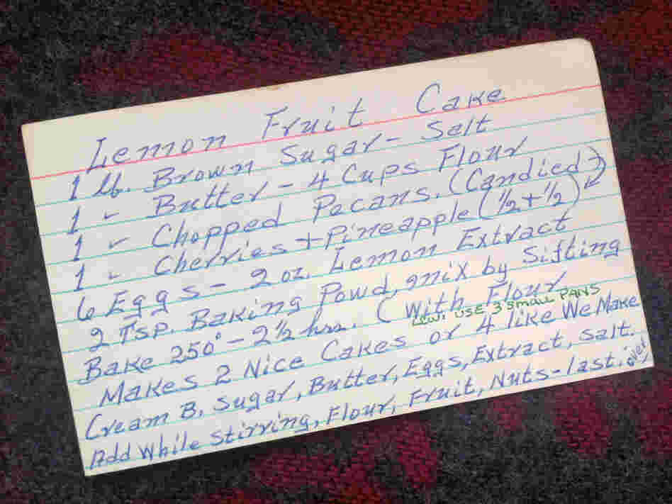 Linda's father wrote the recipe for lemon fruitcake on the front of this index card. Linda's father wrote the recipe for lemon fruitcake on the front of this index card.