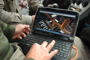 Nathan Phillips looks at methane data plotted on a map of Boston streets on Nov. 17. Data from a mobile methane "sniffer" and a GPS show a real-time display of the gas levels in Google Earth. The orange spike in the center of the screen, on St. Paul Street, indicates methane levels about two or three times above normal levels, Phillips says.