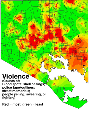 Addicts' movements around Baltimore are mapped onto images like this, showing levels of violence in each neighborhood. Other maps track things like visible drug use and vacant housing - all factors that may contribute to an addict's decision to use drugs. Addicts' movements around Baltimore are mapped onto images like this, showing levels of violence in each neighborhood. Other maps track things like visible drug use and vacant housing - all factors that may contribute to an addict's decision to use drugs.