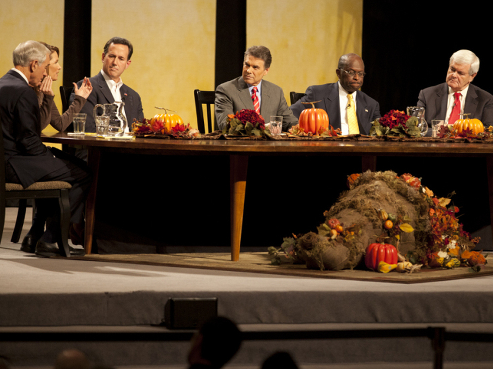 Republican presidential candidates at the "Thanksgiving Family Forum" in Des Moines on Nov. 19, 2011.
