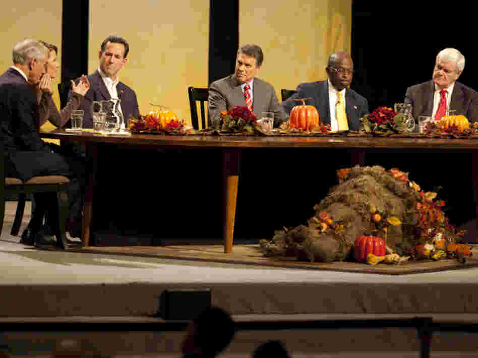 Republican presidential candidates at the "Thanksgiving Family Forum" in Des Moines on Nov. 19, 2011.