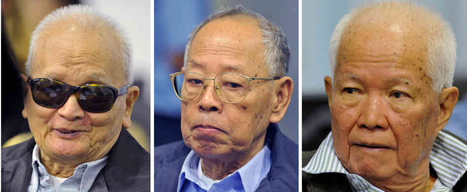 The three former Khmer Rouge leaders who went on trial Monday in the Cambodian capital Phnom Penh, from left to right: Nuon Chea, the Khmer Rouge's former chief ideologist, Ieng Sary, former foreign minister, and Khieu Samphan, former head of state. The three former Khmer Rouge leaders who went on trial Monday in the Cambodian capital Phnom Penh, from left to right: Nuon Chea, the Khmer Rouge's former chief ideologist, Ieng Sary, former foreign minister, and Khieu Samphan, former head of state.