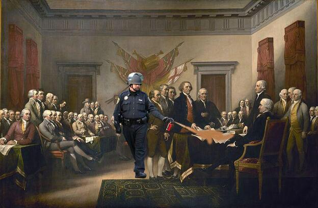 Spraying the Declaration of Independence (John Trumbull's "Declaration of Independence").