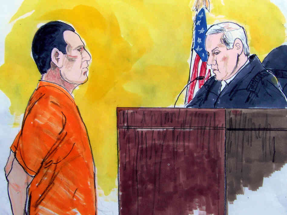 In this courtroom drawing, David Coleman Headley is shown facing a federal judge.