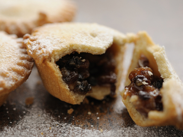 The modern mince pie is typically filled with raisins, sugar, and spices.