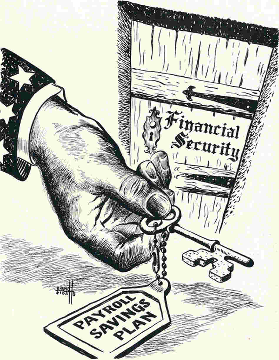 After the war, private companies promoted the purchase of bonds through a payroll deduction program. This ad is from 1951.