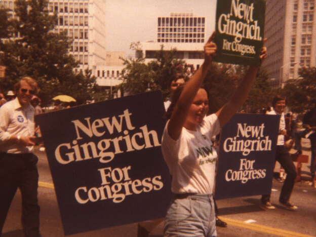 Newt Gingrich's daughter Kathy marches in a campaign rally with supporters for his 1978 run for Congress. He won that race and served in the U.S. House for 20 years, including four as speaker. 