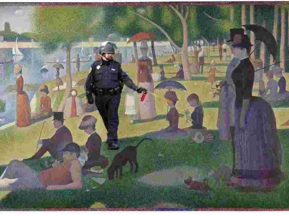 Spraying in the park ("A Sunday Afternoon on the Island of La Grande Jatte" by George Seurat).