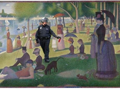 Spraying in the park ("A Sunday Afternoon on the Island of La Grande Jatte" by George Seurat).