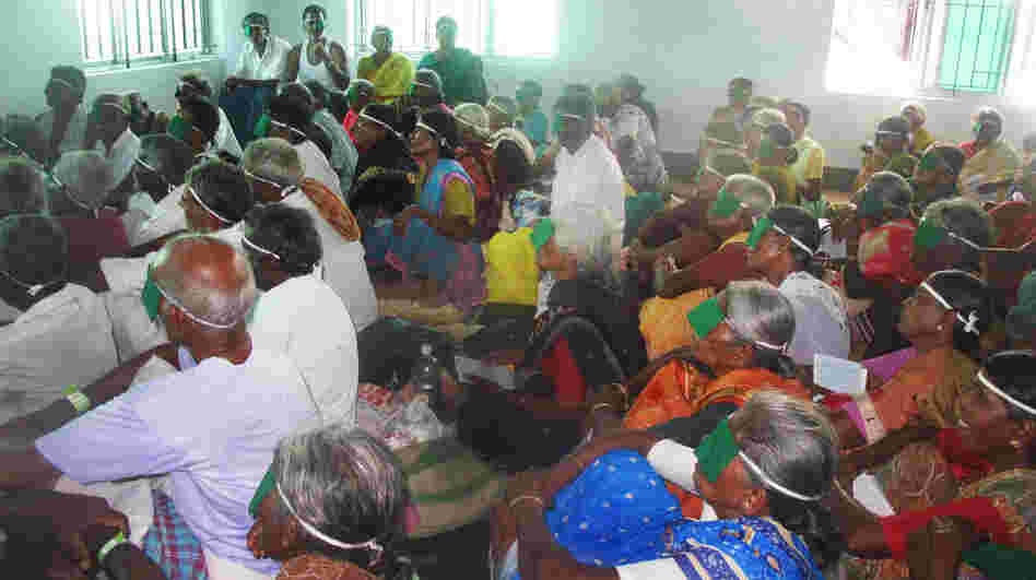 Patients who have received free surgery at one of the Aravind hospitals get instructions before going home. Patients who have received free surgery at one of the Aravind hospitals get instructions before going home.